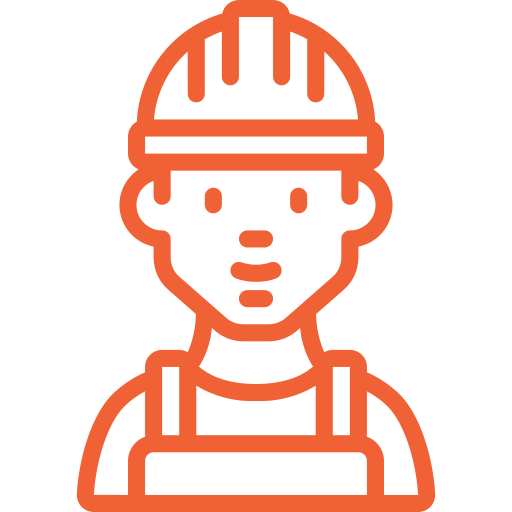 An icon of a construction worker wearing a hard hat and overalls