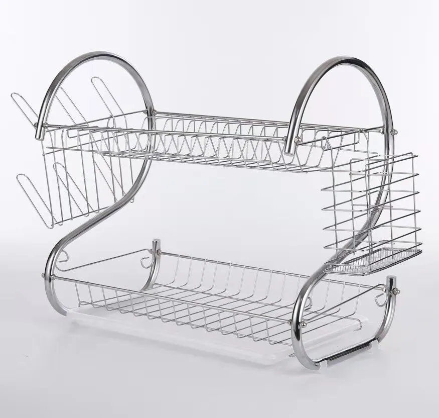 A two-tier stainless steel dish rack with a curved design and a cutlery holder. A kitchenware product manufactured by Zen Limited.